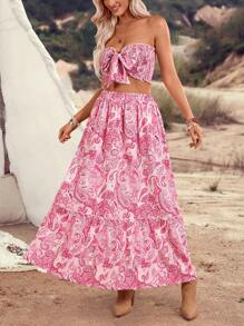 LanaWest Women 2pcs Set Of Pink Casual Halter Cropped Top With Backless Tie-Up Design And Long Maxi Skirt With Cashew Fruit Print, Holiday Style - Pink - View 3