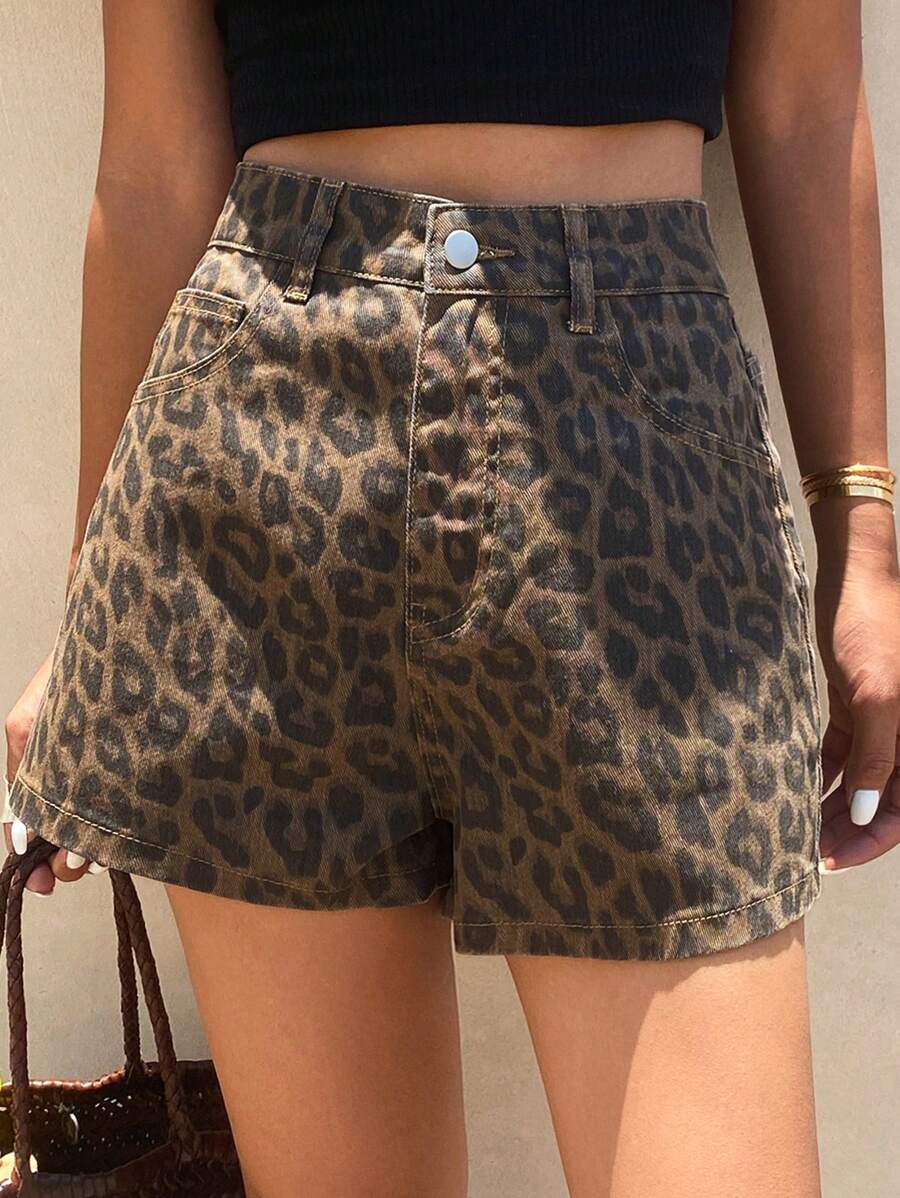 DAZY Summer New Loose Casual Women Leopard Print Denim Shorts - Coffee Brown - View 1