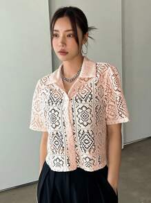 DAZY 女士精致蕾丝开衫衬衫，优雅休闲短款上衣，夏季