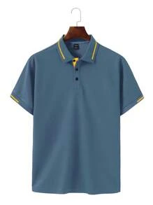 Manfinity CasualCool Men's Casual Contrast Trim Short Sleeve POLO Shirt, Summer, Polo Shirts For Men Collar - Teal Blue - View 4