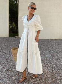 Livesso Patchwork Contrast Color Fringe Trim A-Line Dress With Princess Sleeves, Elegant Resort Style Fall Long Dress For Women,Casual Women Dresses Long Sleeve Dress