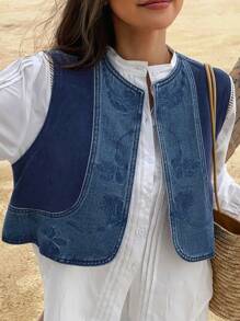 DAZY 夏季新款宽松休闲拼布撞色牛仔外套女 - 藍色 - 查看 4