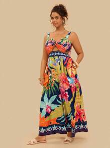 Travachic 大码女式休闲热带彩色花卉印花前扭腰宽松阔腿连体裤带口袋 - 彩色 - 查看 3