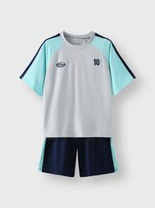 Back To School Outdoor Sports Loose Fit Short Sleeve Shorts Jersey Set, Tween Boy Clothes Children's Round Neck Patchwork Contrast Color Front Funny Letter Print Outdoor Sports Loose Fit Short Sleeve T-Shirt Jersey Set