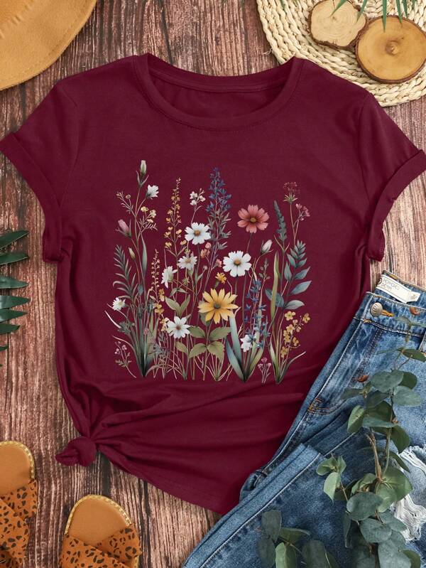 SHEIN LUNE Camiseta de cuello redondo con estampado floral, cómoda y adecuada para el verano y la primavera, ropa de mujer, camisetas gráficas para mujer