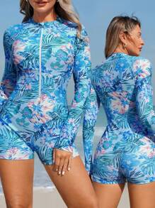 Swim SPRTY Women's Surfing One Piece Swimsuit, Mint Blue Tropical Pattern Front Zipper Shorts, Casual For Spring/Summer Beach Party - Multicolor - View 4