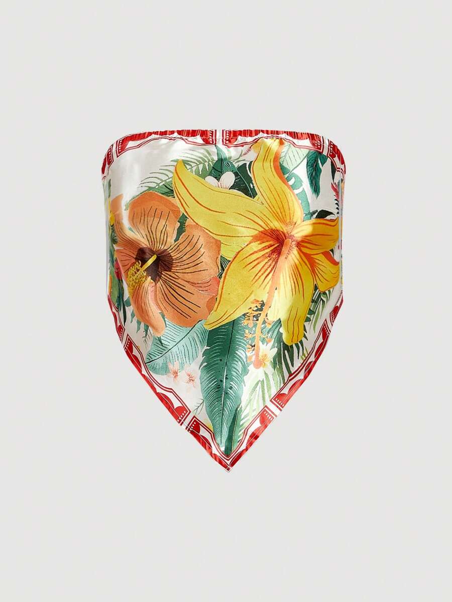 SHEIN MOD 大码女式花卉印花打结抹胸不对称下摆短款上衣 - 彩色 - 查看 1