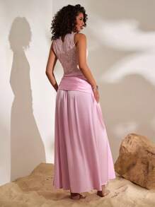 Opulessa Abito da donna elegante con vita arricciata e pizzi a contrasto