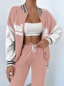 EURMUSE Letter Graphic Drop Shoulder Bomber Jacket & Drawstring Waist Sweatpants - Pink - View 4