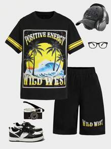 2pcs/Set Tween Boys Striped Round Neck Short Sleeve Palm Tree Print T-Shirt Set, Summer - Black - View 6