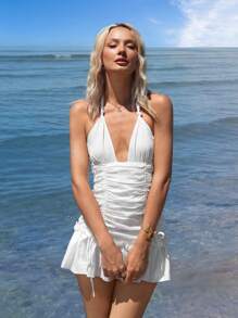 SHEIN ICON Damen einfarbiges Träger-V-Ausschnitt-Kleid mit Rüschen, 4th of July Damen Outfit