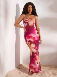 Opulessa Robe moulante sans manches imprimée florale pour femme - Prune - Voir 3