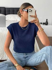 Siren Gaze 女士纯色短袖圆领T恤，夏季时尚 - 寶藍色 - 查看 5