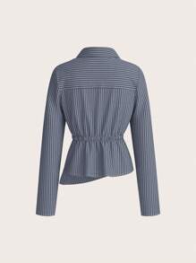 SHEIN PETITE 女式海军蓝和白色条纹翻领长袖衬衫，商务休闲女装，90 年代，秋季，商务休闲女装，返校，女式衬衫，外出上衣，长袖衬衫，工作女式衬衫情人节 - 藍白色 - 查看 2