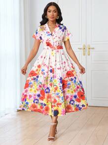 SHEIN LUNE 女式花卉印花翻领短袖系带A字连衣裙，春夏 - 彩色 - 查看 5
