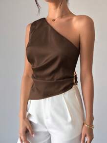 Firerie 女士优雅浪漫时尚无袖单肩上衣，适合办公室、派对、度假、婚礼、生日、情人节 - 咖啡棕 - 查看 2