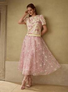 MOTF PREMIUM FLORAL EMBROIDERY PUFF SLEEVE KNIT TOP - Pink - View 5