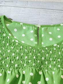 Linhara Áo sơ mi nữ chấm bi nhún bèo hai lớp tay thường ngày cỡ lớn - Màu xanh Bạc hà - Xem 4