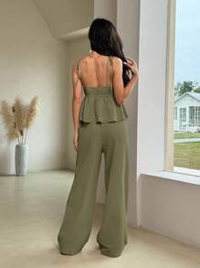 Comfortcana Linen Tank Top And Long Pants Set, Summer - Army Green - View 6