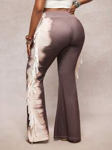 Slaydiva 2025 Summer New Arrivals, Music Festival, Western Style, Nomadic Style, Easter, St. Patrick's Day, Birthday Party, Graduation Season, Student Wear, Daily Casual, All-Match Versatile, Leisure, Vacation, Cruise Travel, Beach, Sunbathing, Fashionable, Streetwear, Ombre Print, Fringe, Flare Pants, Women Plus Size Long Pants - Brown - View 2