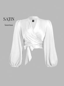 SHEIN MOD 大码女式白色裹身式系带蝴蝶结灯笼袖衬衫 - 白色 - 查看 5