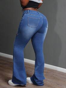 Slaydiva Quần Jeans Ống Loe Ôm Vừa Vặn Cá Tính Cho Nữ - Rửa trung bình - Xem 2