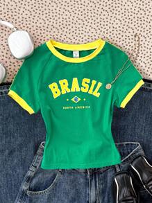 Teen Girl Green & Yellow Contrasting Colors Knit Summer Short Sleeve Casual Versatile Personalized T-Shirt With Letter Print And Round Neckline, Back To School - Green - View 1