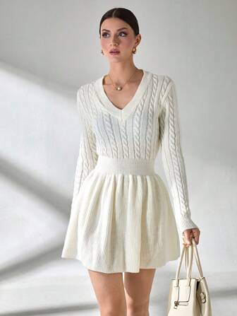 CLARA VERO Women Solid Ribbed Cable Knit Mini Sweater Dress