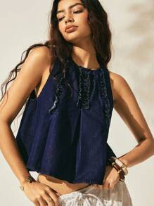 Easelle 女士休闲宽松圆领荷叶边牛仔衬衫，度假风格 - 藏蓝色 - 查看 4