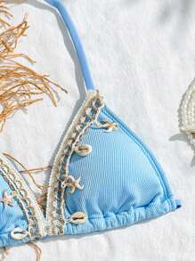 Tween Girl Shell Trim Halter Swimsuit Set, Suitable For Beach Holiday Wear - Blue - View 3