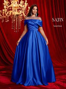 Glamrae 优雅透明网眼水钻串珠长袖褶饰超大喇叭下摆礼服，婚礼宾客礼服，适合约会、婚礼、活动、正式晚会、派对礼服、晚礼服、长袍 - 寶藍色 - 查看 8