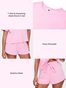 LUVLETTE Weiches Baumwoll-Loungewear-Set aus kurzärmeliger Crew-Neck-Oberteil in Rosa und Shorts, luftige Pyjama-Garnitur, sportlich-lässige, bequeme Outfits mit Taschen, Lingerie als Oberbekleidung