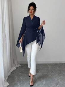 Elenzga Blusa elegante de mujer con mangas asimétricas tipo capa para uso diario, de gasa con cintura ceñida - Azul Marino - Ver 6