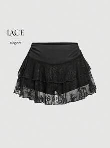 SHEIN MOD 女士黑色蕾丝抽绳腰迷你裙，S码，适合锐舞派对、音乐节、Y2K风格、性感短裙、西部风女装、夏季女装、乡村风服装、情人节、邮轮度假等场合。 - 黑色 - 查看 5