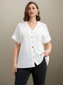SHEIN Clasi Plus Size Women's Woven Fabric Scoop Neck Short Sleeve Loose Casual Everyday Fashionable Mature Elegant Versatile Blouse, Spring/Summer  Commuting - White - View 4