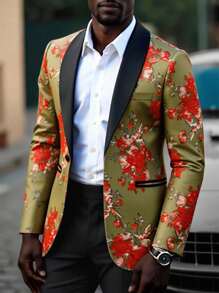 Calvornis Chaqueta de traje formal con ajuste ceñido y estampado para hombre, traje de moda para artista de escenario/cantante, versátil y casual - Rojo - Ver 3