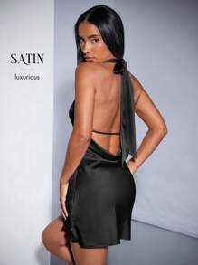 SHEIN BAE 純色深V領露背飄逸桃紅裙，淺粉色禮服，迎新晚會服裝，音樂節服裝，露背禮服，畢業典禮裝，畢業禮服，婚禮客人夏日短裙，配蝴蝶結和緞帶，適用於演唱會服裝，優雅派對服裝，畢業季迷你裙 - 黑色 - 查看 8