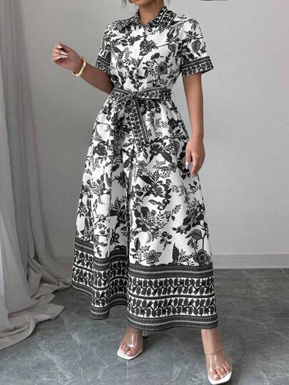 Elenzga Váy sơ mi tay ngắn cổ hở kiểu Pháp, họa tiết hoa hạt điều cạp cao thời trang xuân/hè cỡ lớn, eo thon, họa tiết xanh trắng, dáng chữ A thanh lịch cho công sở & thường ngày