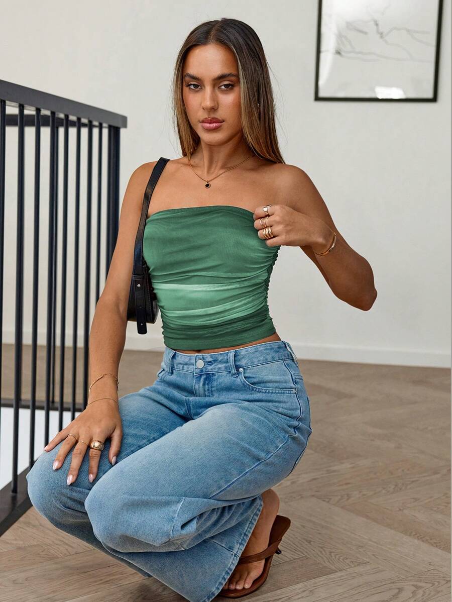 Siren Gaze Women Ombre Ruched Green Crop Tube Top Summer - Mint Green - View 1