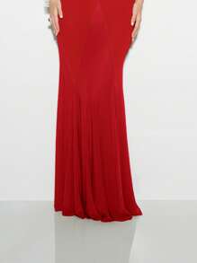 KIZN 细肩带优雅晚礼服正式拼接美人鱼舞会婚礼宾客长裙特殊场合及地派对礼服 - 紅色 - 查看 6