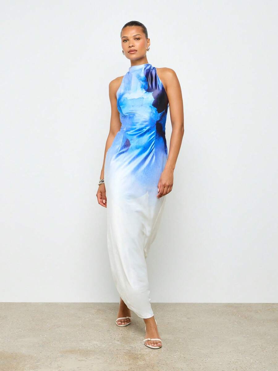 AiiRZ Summer Wedding Guest Sleeveless High Neck Maxi Dress Watercolor Print Floor Length Formal Gown Satin Evening Party Long Dress - Blue - View 1
