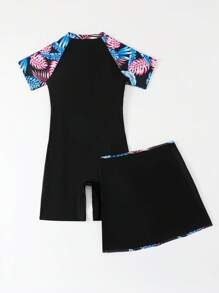 Conjunto de traje de baño de una sola pieza con estampado de plantas tropicales, shorts y falda con cobertura para adolescentes y niñas, ideal para verano y resort