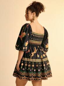 CAJUNI Đầm ngắn tay đèn lồng in họa tiết con vẹt hổ cổ điển Boho cỡ lớn cho nữ - Nhiều màu - Xem 2