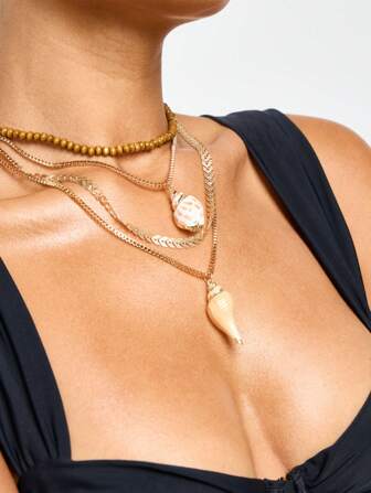 AiiRZ Collier pendentif à coquille multicouche, chaîne à perles en bois fait main, bijoux déclaratifs pour femmes, style bohème d'été