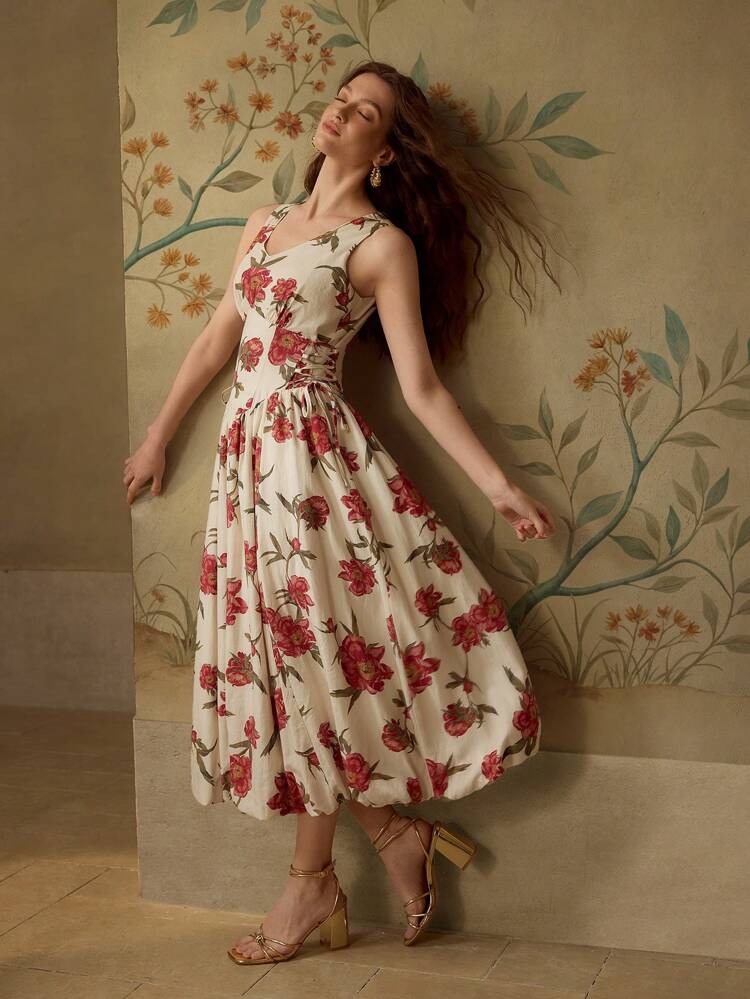 LINEN FABRIC PRINTED V-NECK SLEEVELESS DRESS, SUMMER VACATION STYLE