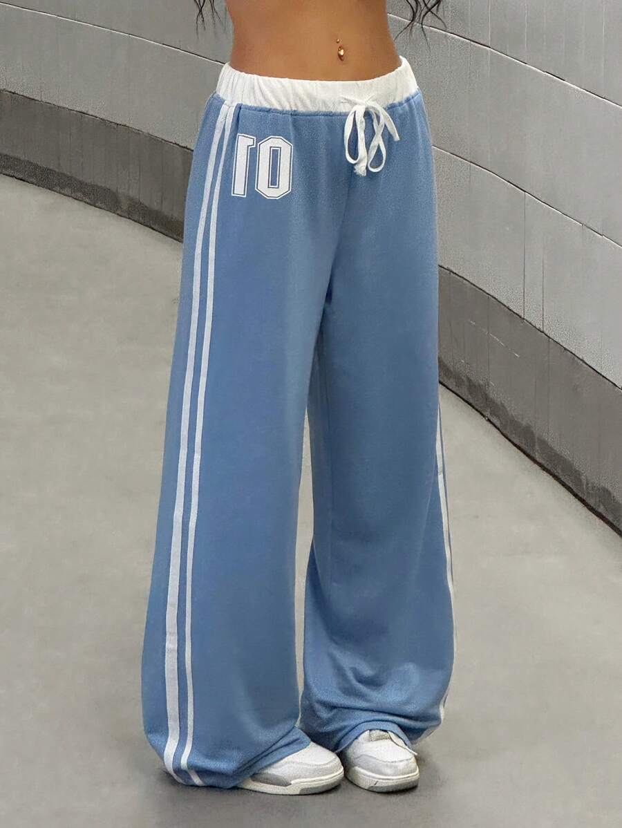 StreetHx 女式数码印花撞色腰休闲运动街头复古长款运动裤，春夏