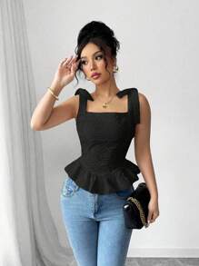 Elenzga White Jacquard Cropped Square Neck Top With Tying Strings