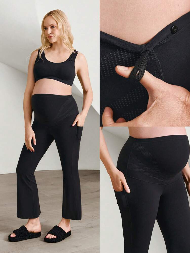 28" FeatherFit™ Groovy Mom Tummy Control Adjustable Drawstring Waist Side Pockets Spandex Maternity Pregnancy Flare Leggings Low Impact Yoga Pilates Studio Gym Daily Casual Wear