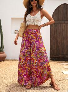 Breezaya Quần ống rộng xẻ tà cao bất đối xứng họa tiết Paisley cho nữ, trang phục thường ngày thanh lịch, đi nghỉ - Nhiều màu - Xem 5