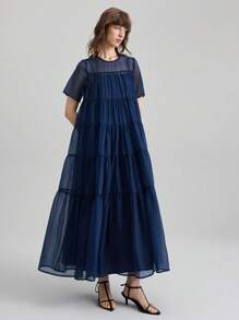 Ontre Váy dài nữ có chân váy vá bán trong suốt, váy lưới organza cổ tròn tay ngắn vá, váy quý cô thanh lịch, váy thường ngày, váy tinh tế, váy trang trọng, trang phục công sở nữ thường ngày, trang phục công sở, phong cách cổ điển kín đáo, thời trang sân bay đi làm chất lượng cao, chất liệu cao cấp - Màu xanh hải quân - Xem 5
